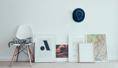 white chair beside five paintings